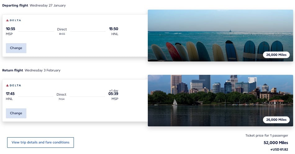 The Extra Mile, July 24: A Trick for Cheap Flights to Hawaii, Hong Kong from 29K SkyMiles Roundtrip & More 2 A screenshot of Flying Blue award rates for Delta flight from MSP-HNL: 52,000 miles and $62
