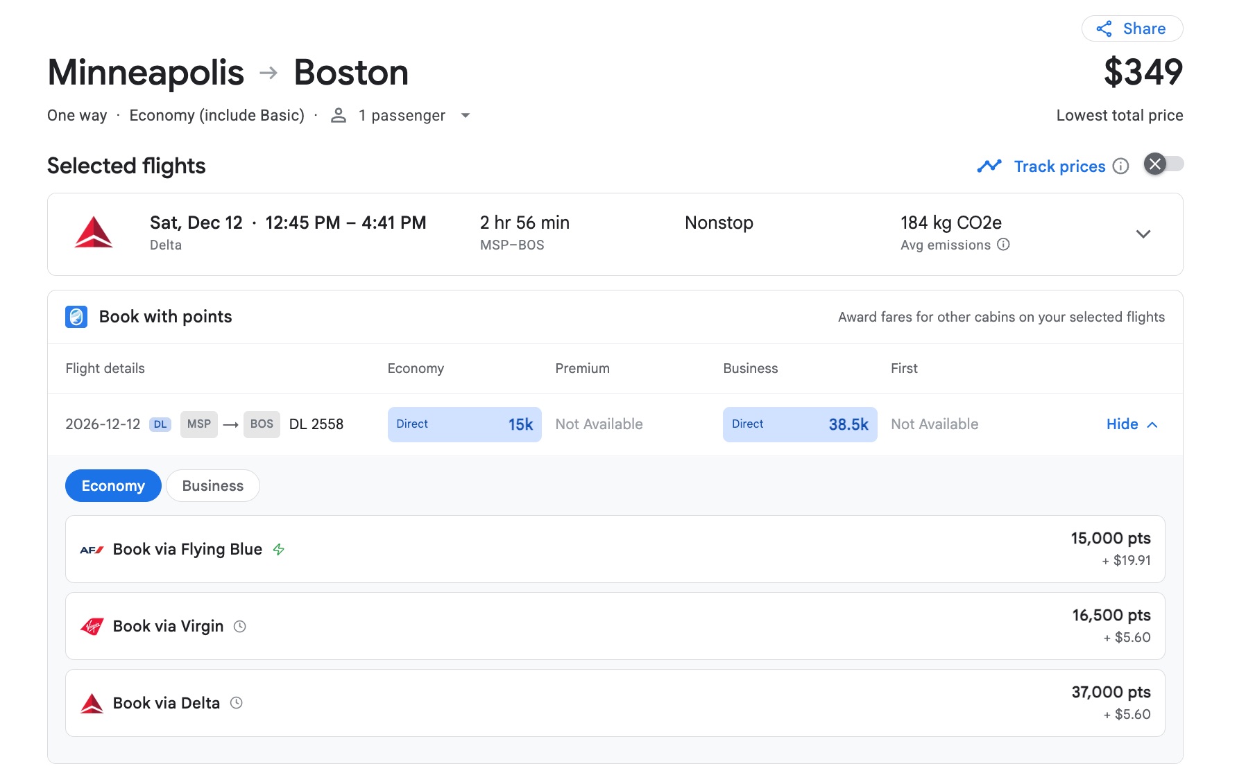 Seats.Aero Adds Web Browser Extension: See Points Rates on Google Flights! 2 minneapolis to boston booking options including cash and award tickets