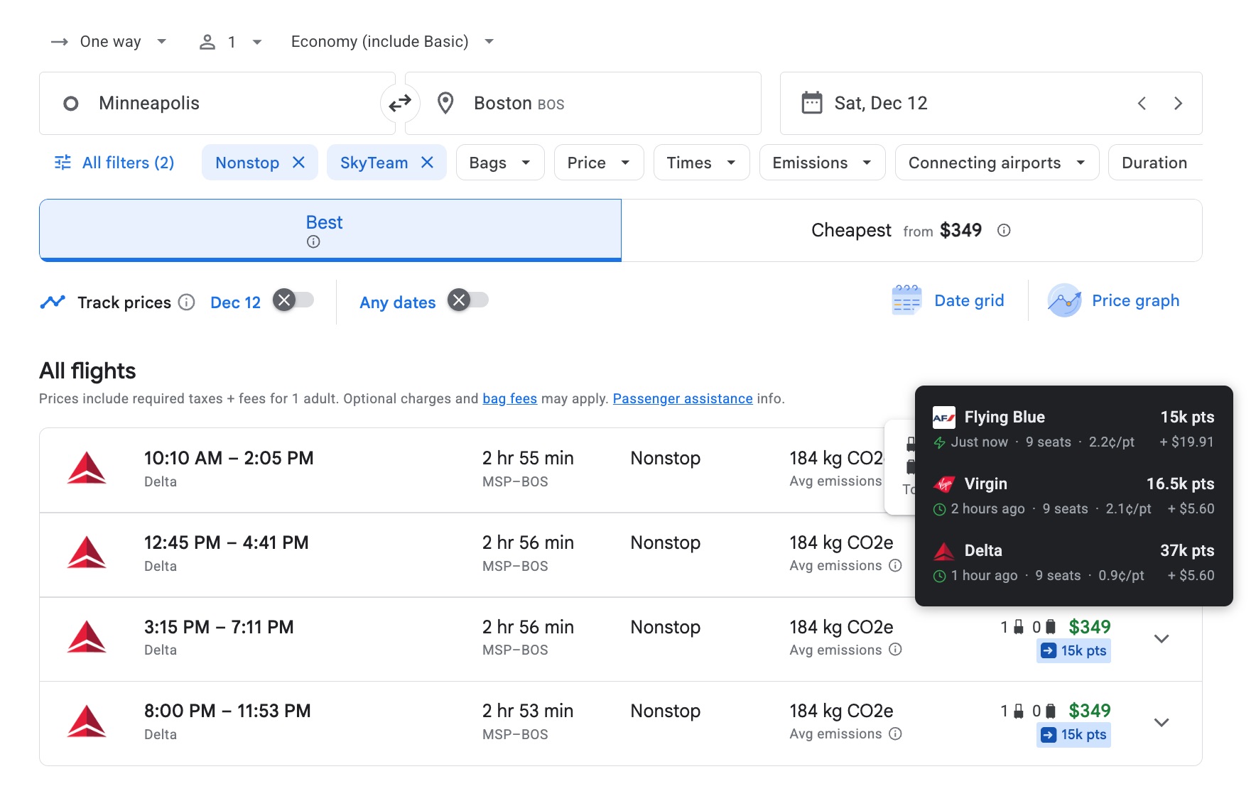 Seats.Aero Adds Web Browser Extension: See Points Rates on Google Flights! 1 google flights screenshot showing points options