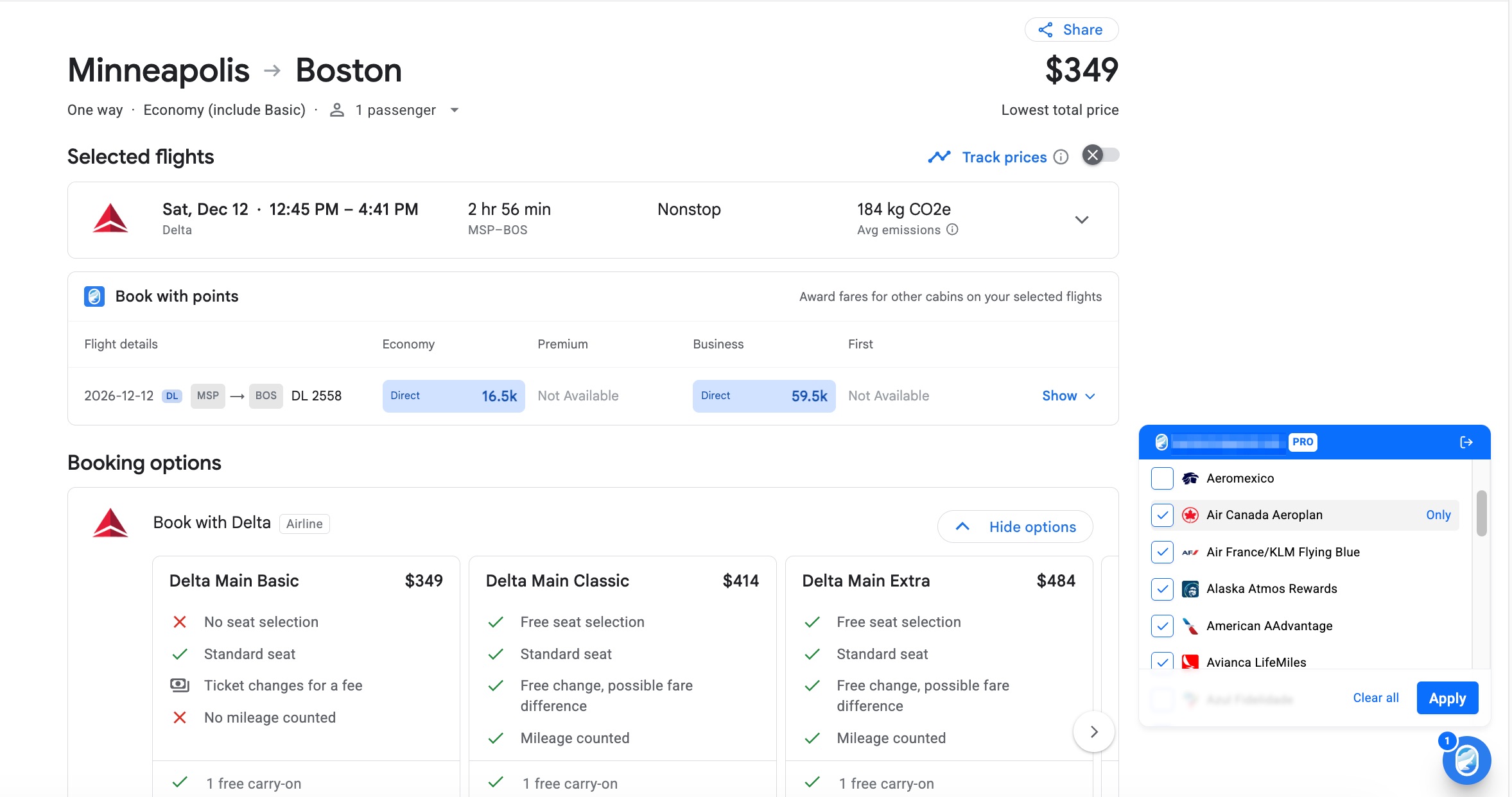 Seats.Aero Adds Web Browser Extension: See Points Rates on Google Flights! 3 seats.aero airline program options selected within google flights