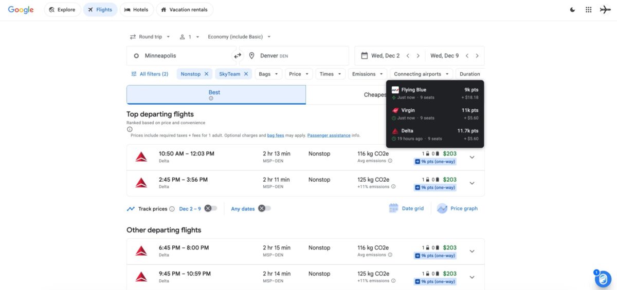 seats aero google flights plugin showing award rates
