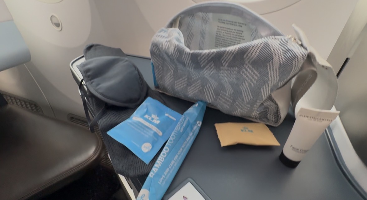 KLM Business Class Review: Solid Service & Food Makes Up for an Average Seat 15 Amenity kit on a KLM business class flight