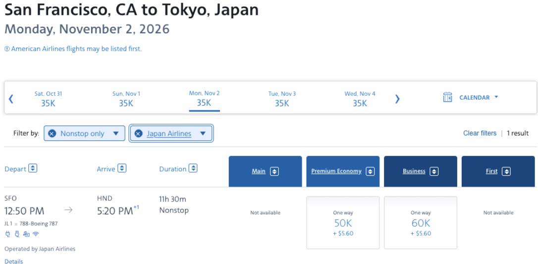 Japan Airlines business class airfare