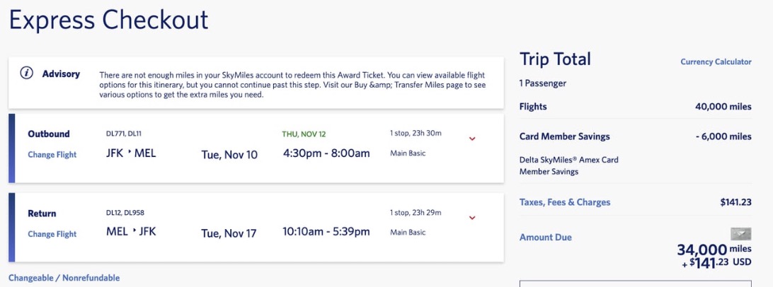 JFK to MEL airfare with SkyMiles