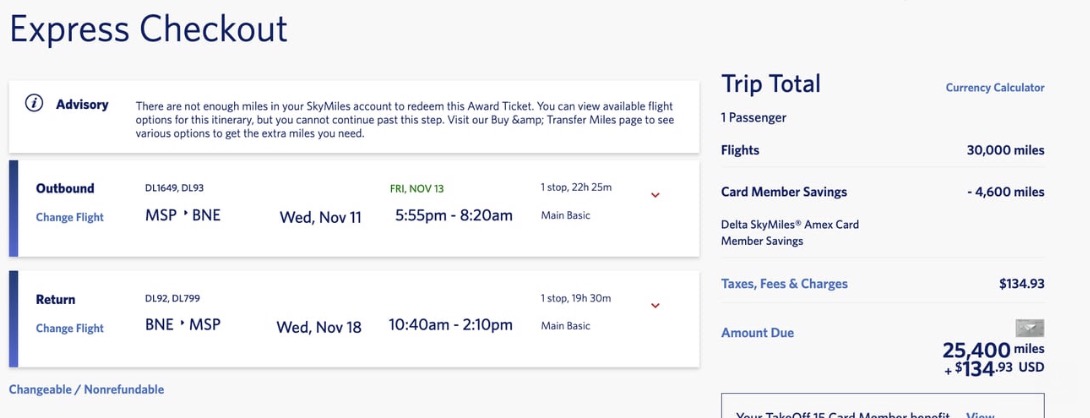 MSP-BNE airfare for 25,000 SkyMiles roundtrip