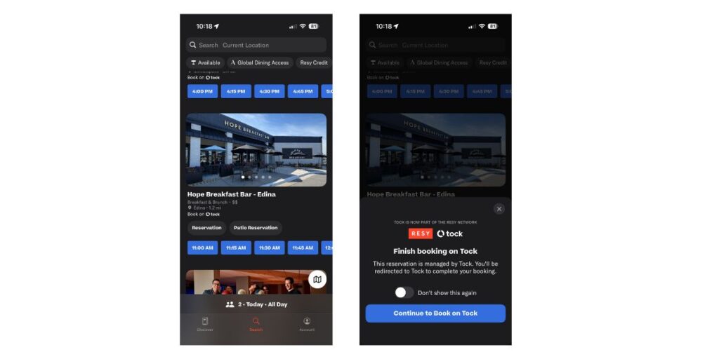 a screen shot of a Tock Restaurant now showing up in the Resy app