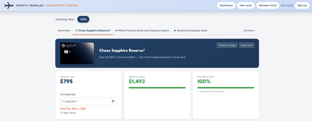 I Was Ready to Cancel My Chase Sapphire Reserve … Then I Did the Math 1 Sapphire Reserve Overview in credit card benefit tracker, tracking annual fee vs. credits earned