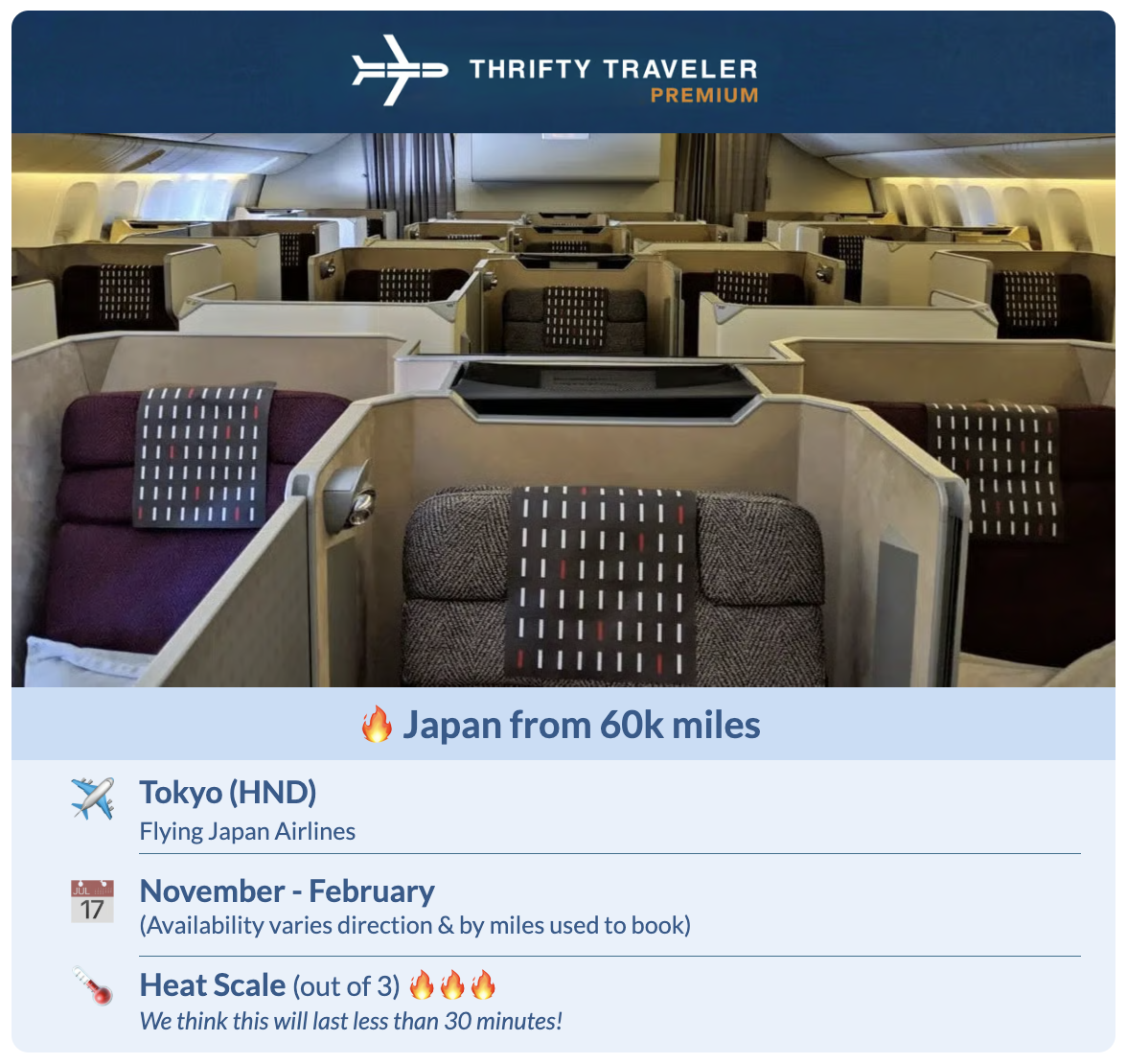 How to Fly Lie-Flat to Japan for 80K Points (Or Less!) 5 Thrifty Traveler Premium deal for flights to Tokyo from 60k AA miles
