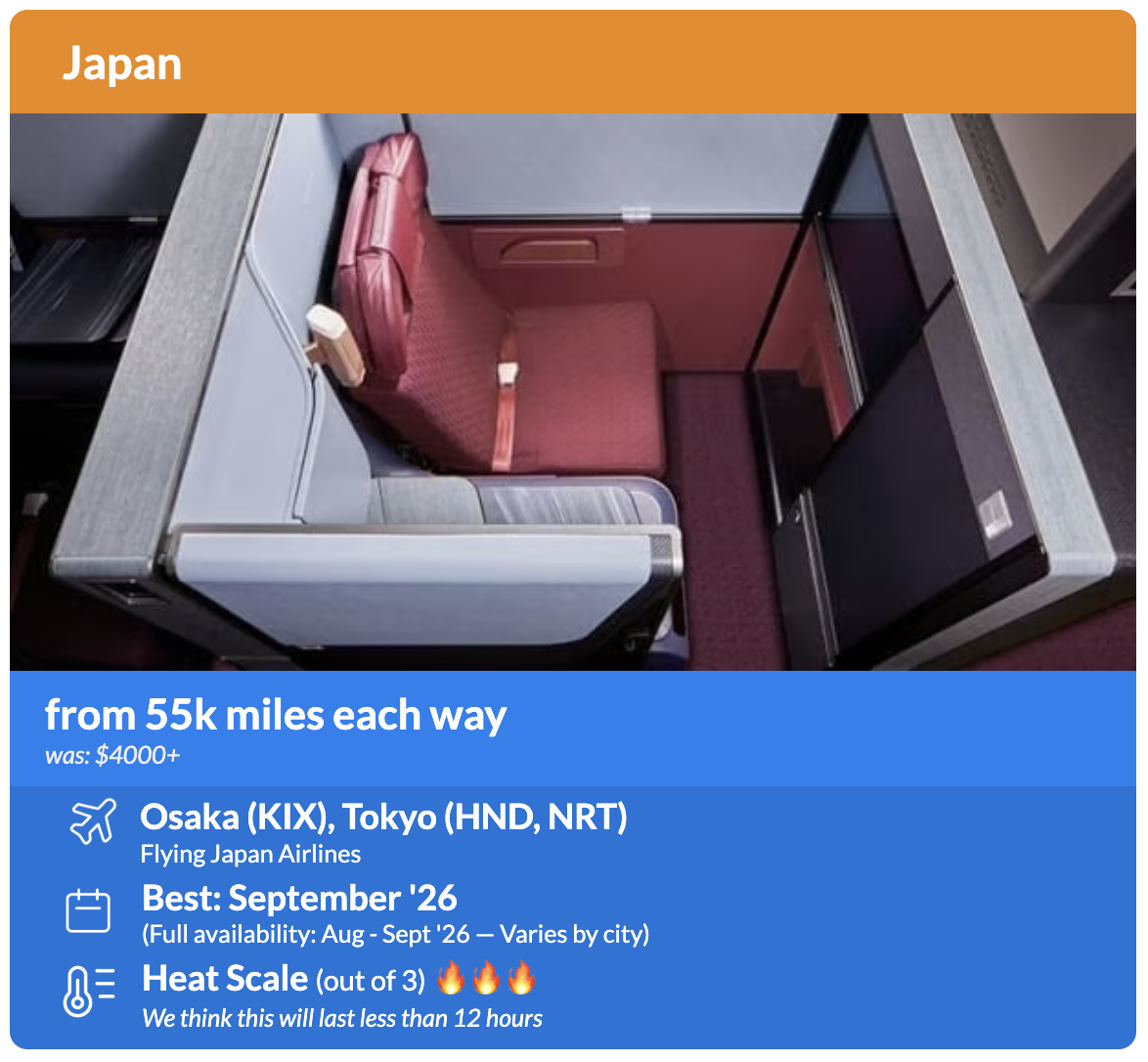 How to Fly Lie-Flat to Japan for 80K Points (Or Less!) 3 Thrifty Traveler Premium flight deal to Osaka and Tokyo from 55k miles each way