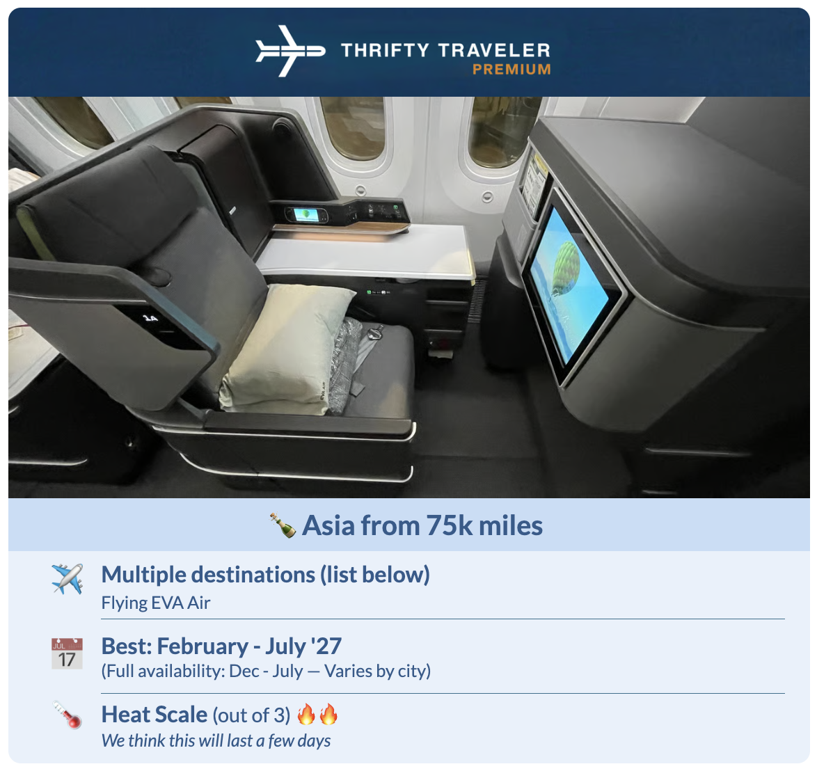 How to Fly Lie-Flat to Japan for 80K Points (Or Less!) 8 Thrifty Traveler Premium flight deal alert for EVA business class to Asia for 75,000 miles