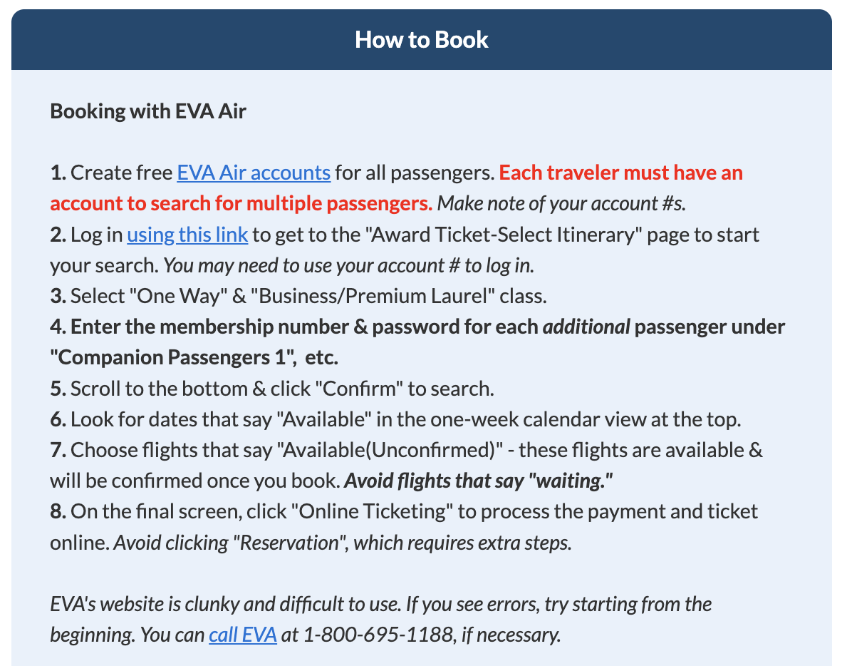 How to Fly Lie-Flat to Japan for 80K Points (Or Less!) 9 EVA Air "How to Book" instructions in a Thrifty Traveler Premium flight deal alert