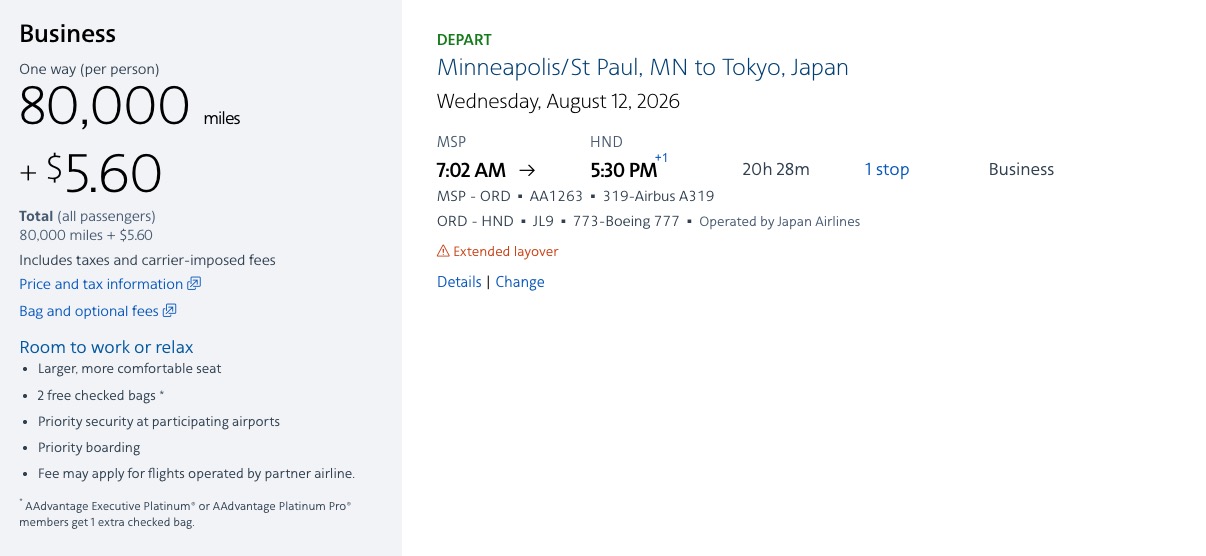 The Devaluation of American's AAdvantage Program Has Already Begun 2 Japan Airline business class for 80k points