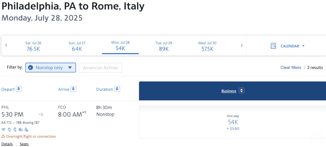 The Devaluation of American's AAdvantage Program Has Already Begun 3 PHL to Rome flight pricing - old