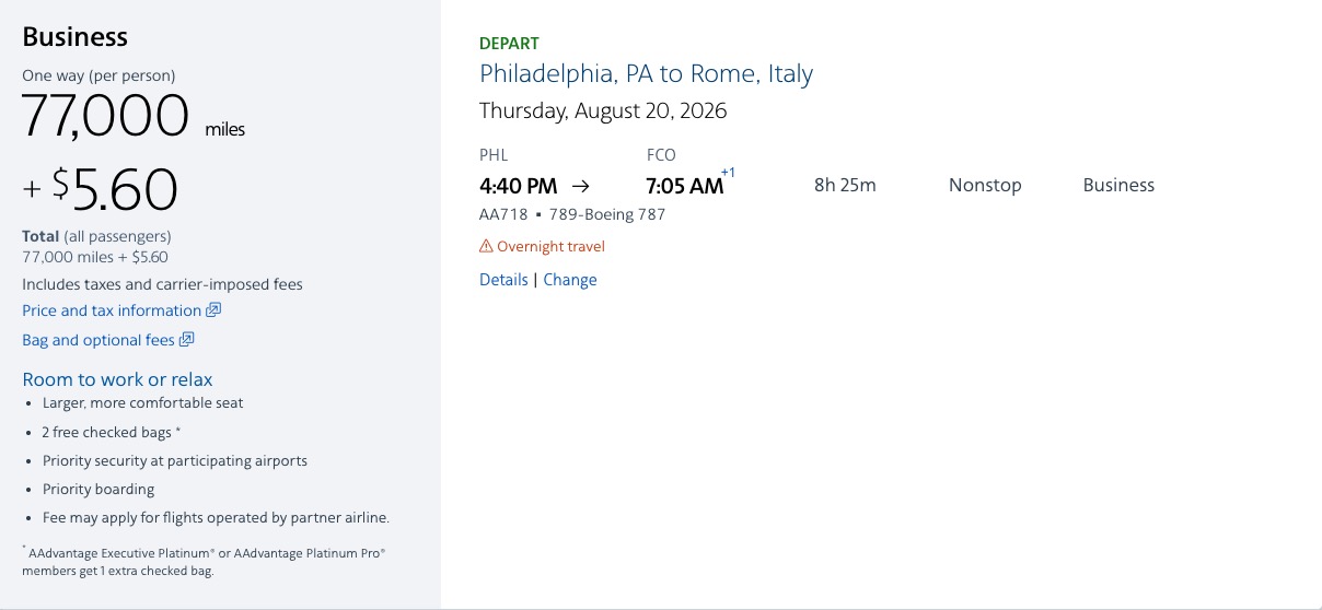 The Devaluation of American's AAdvantage Program Has Already Begun 4 PHL-Rome airfare in biz class