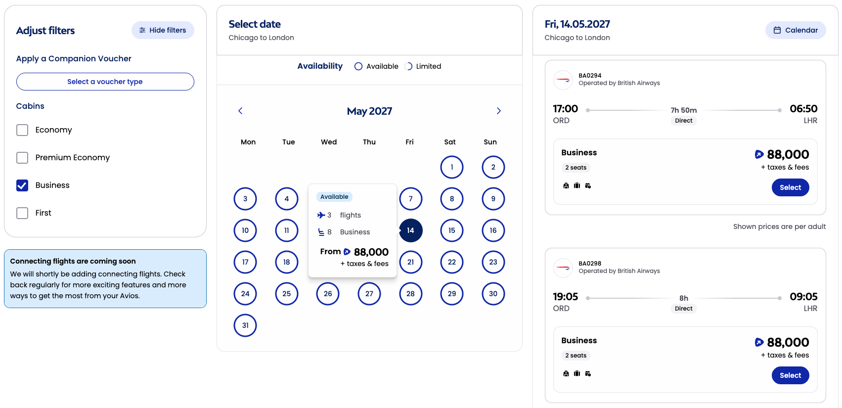 New Avios Award Calendar Makes It Easy to Find Points Availability 3 British Airways calendar of award availability from ORD-LHR for the month of July, 2027, on Avios.com