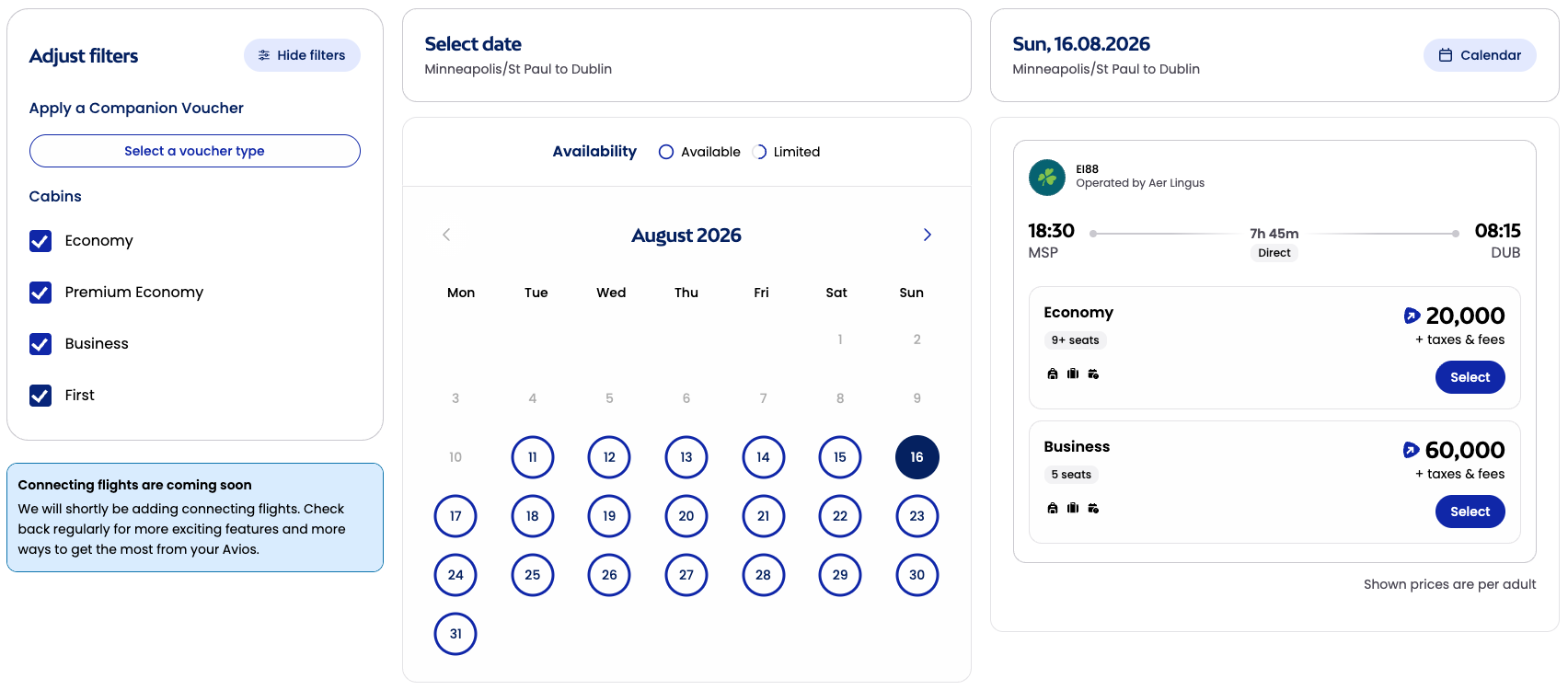 New Avios Award Calendar Makes It Easy to Find Points Availability 1 A calendar view of award availability on Aer Lingus, flying from MSP-DUB for the month of August, 2026
