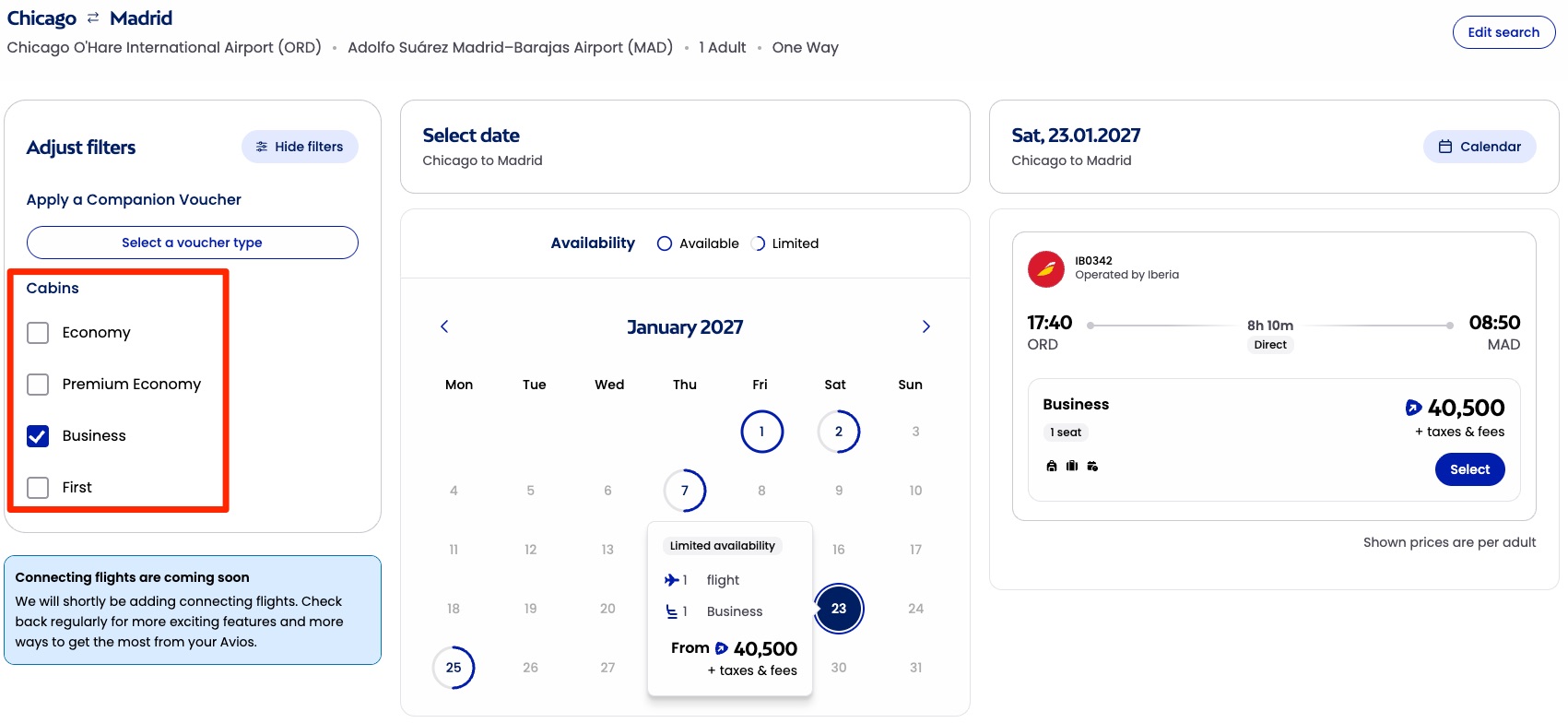 New Avios Award Calendar Makes It Easy to Find Points Availability 2 Iberia award calendar on Avios.com (ORD-MAD) for the month of January, 2027