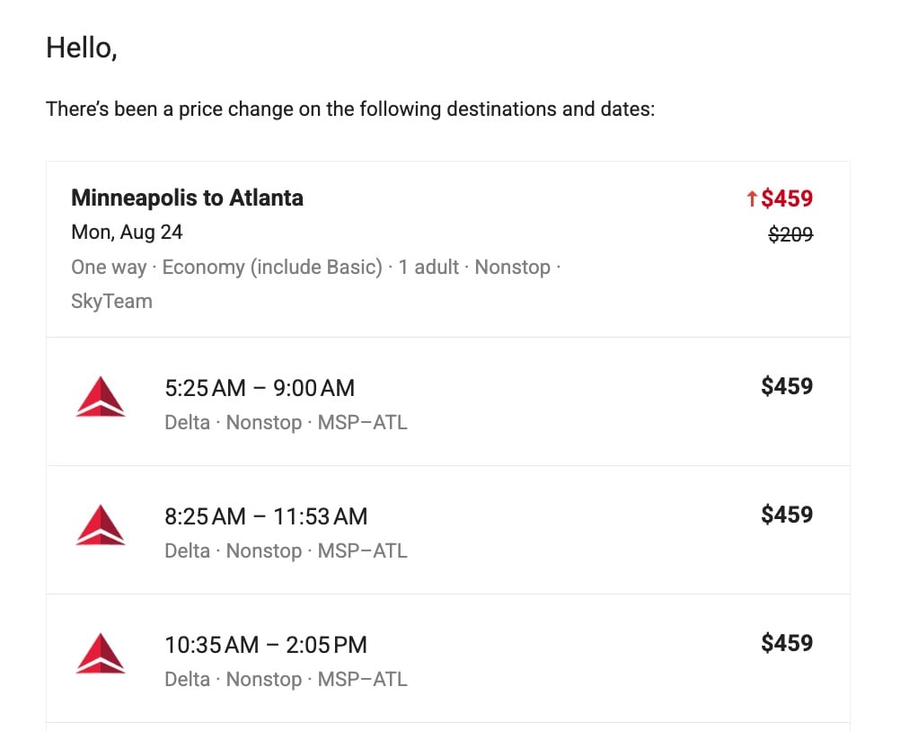 The Extra Mile, Aug. 3: Endangered Points Deals, Absurd Airfare & More 7 google flights price alert showing increase from minneapolis to atlanta to $459 one way