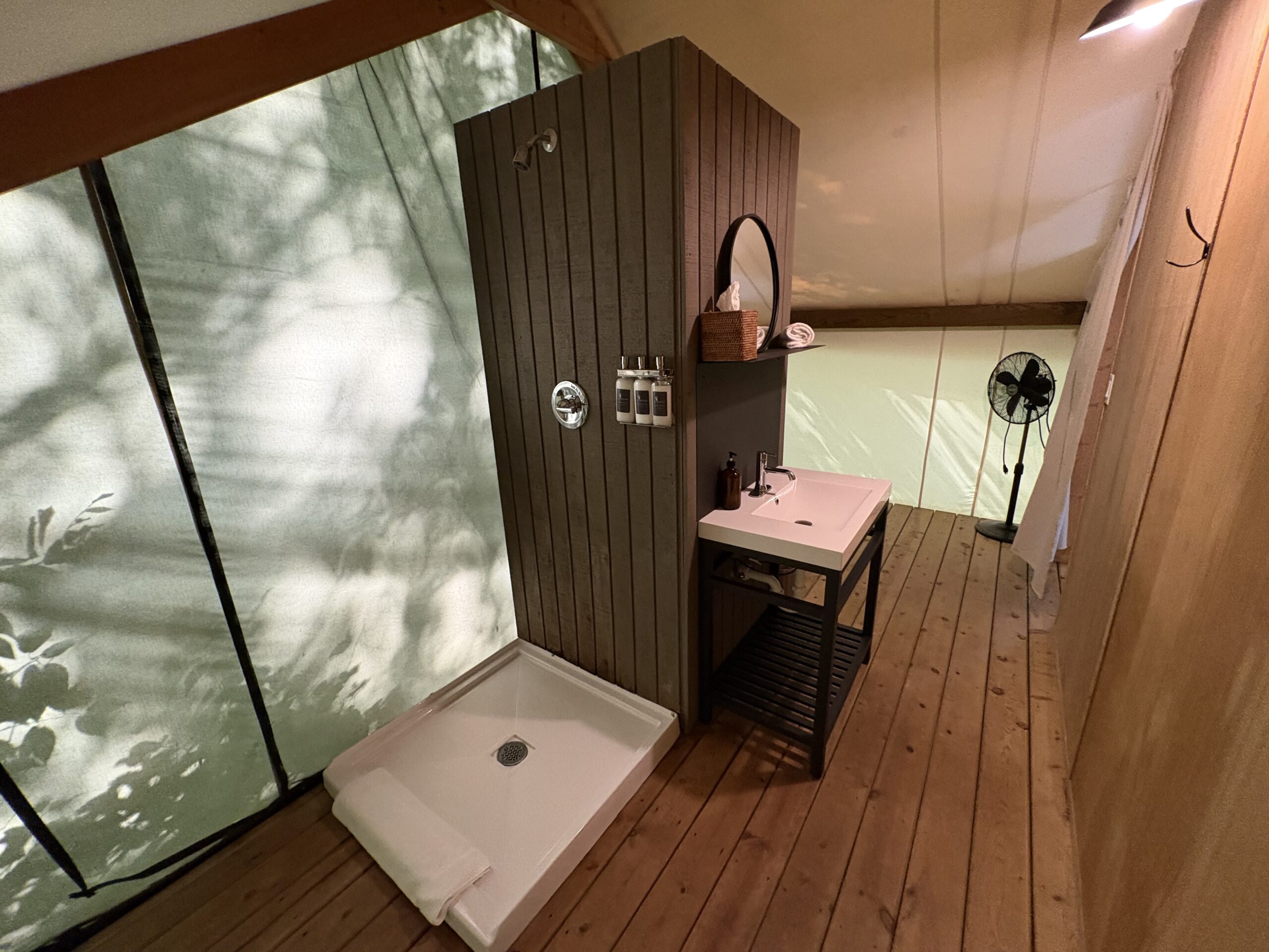 The Fields of Michigan: An Upscale, But Wholesome Glamping Stay Using Hyatt Points 14 Bathroom shower in a glamping tent