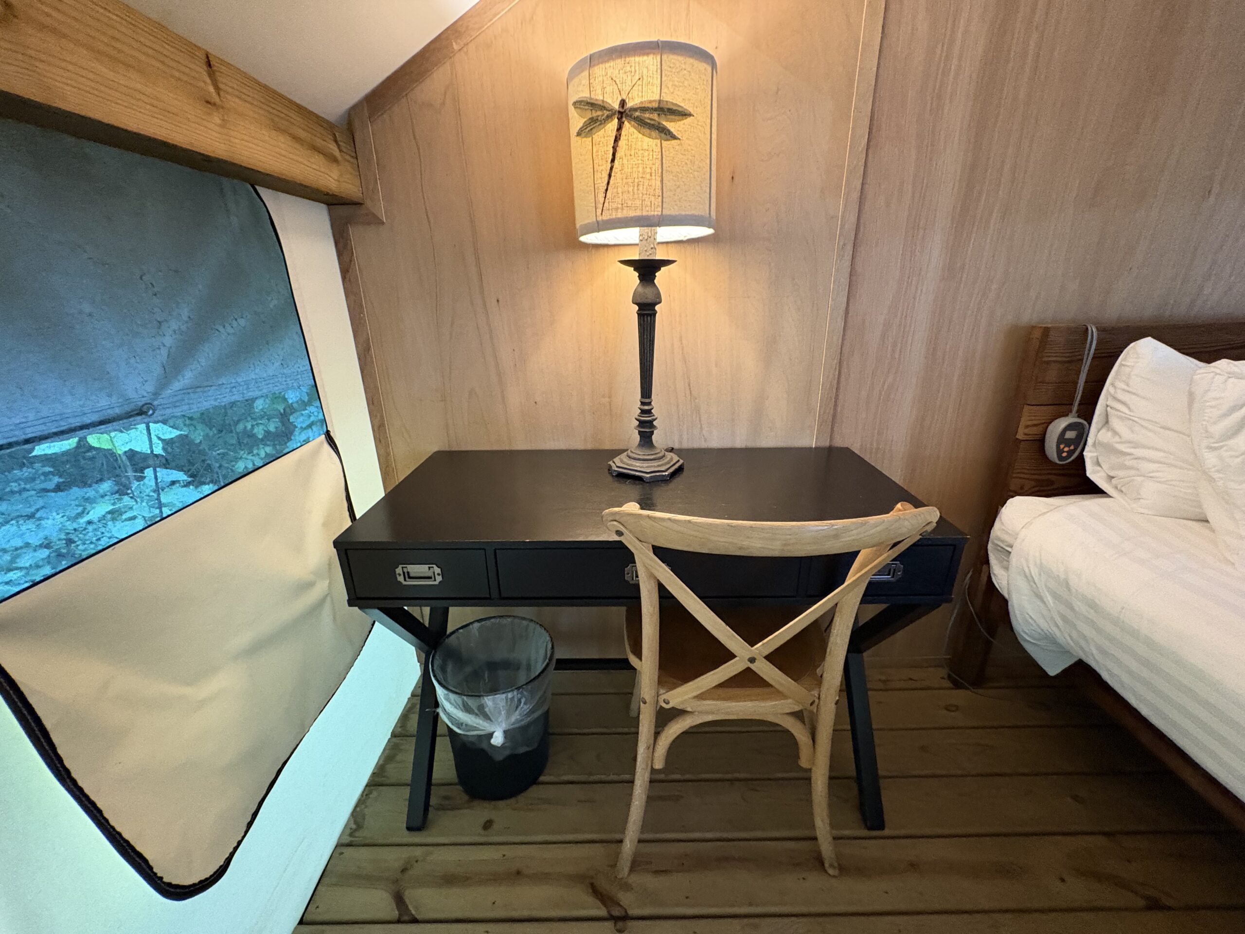 The Fields of Michigan: An Upscale, But Wholesome Glamping Stay Using Hyatt Points 12 Desk with lamp in glamping tent