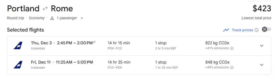 Icelandair இல் போர்ட்லேண்ட்-ரோம் விமான டிக்கெட் $423
