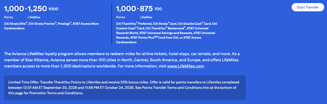 Get Up to 50% More Points With the Current List of Transfer Bonuses! 10 Avianca LifeMiles 25% Citi transfer bonus