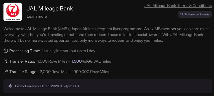 Get Up to 50% More Points With the Current List of Transfer Bonuses! 13 Rove to JAL 50% transfer bonus