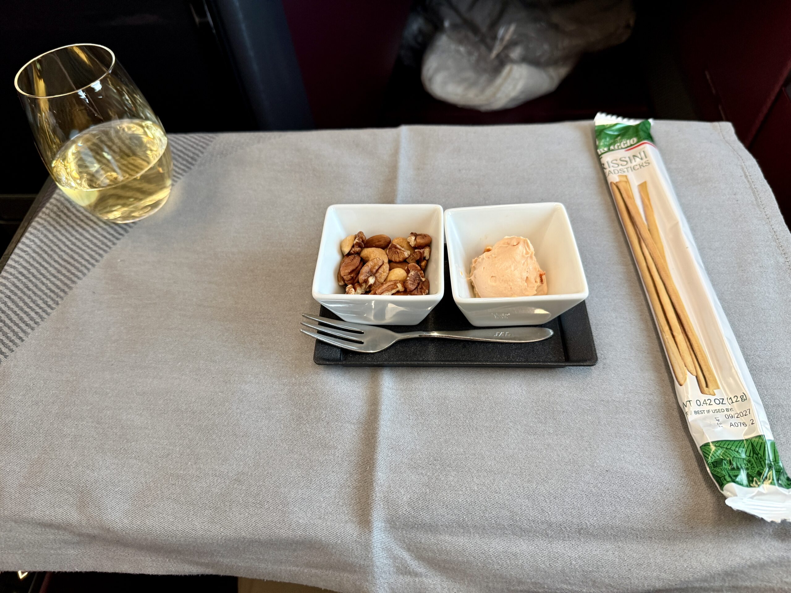 A 5-Star Flight to Tokyo: JAL's New A350 Business Class Suites 70 snacks laid out on tray table