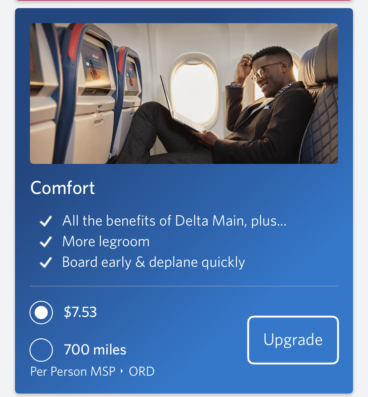 The Extra Mile, Sept. 18: Hyatt Transfers are Taking a Hit, Upgraded Delta Wi-Fi & More 8 a picture of the upgrade offer in Gunnar's Delta account
