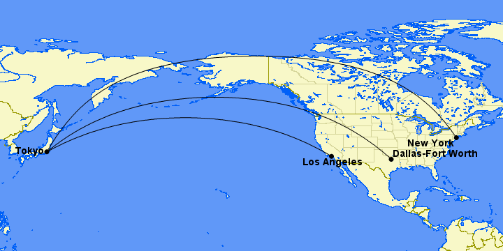 A 5-Star Flight to Tokyo: JAL's New A350 Business Class Suites 41 map showing flights from los angeles, dallas and new york to tokyo