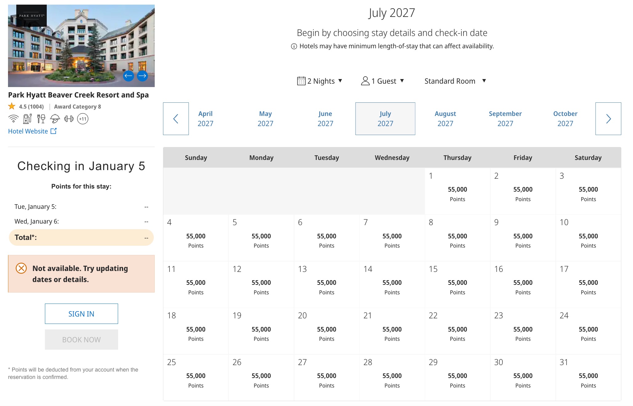 Scrambling to Send Chase Points to Hyatt? Beware: Hyatt Has Gone (Further) Downhill 4 calendar showing award availability at park hyatt beaver creek