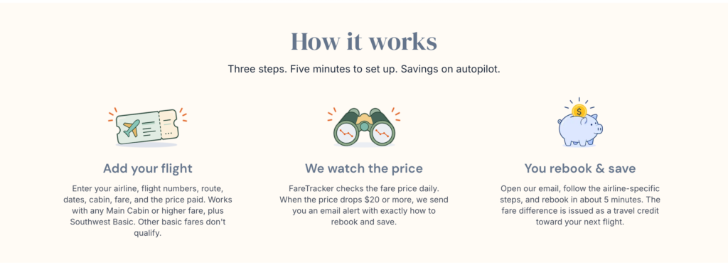Introducing FareTracker: Our Free New Tool to Track Your Flights & Save When Prices Drop! 2 FareTracker's three steps: add your flight, we watch the price, you rebook and save