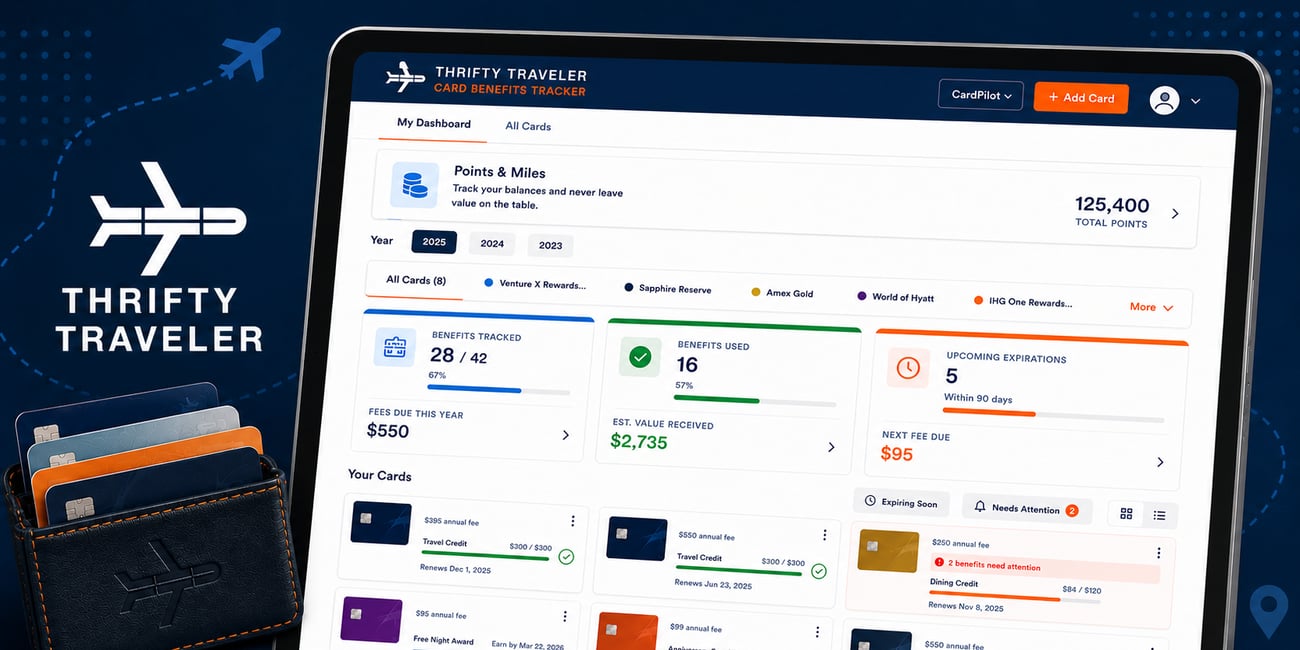 The Extra Mile, Oct. 21: A New Way to Use Hilton Points + a Massive 300K Biz Card Offer 1 Tablet displaying a travel credit card benefits dashboard beside stacked cards