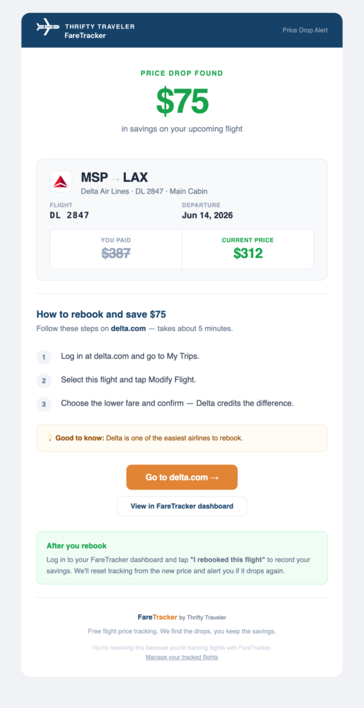 Introducing FareTracker: Our Free New Tool to Track Your Flights & Save When Prices Drop! 3 FareTracker price drop alert email showing $75 in savings on a Delta flight from MSP to LAX