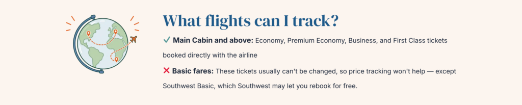 Introducing FareTracker: Our Free New Tool to Track Your Flights & Save When Prices Drop! 5 Chart explaining that Main Cabin and higher fares can be tracked, while basic fares other than Southwest Basic cannot