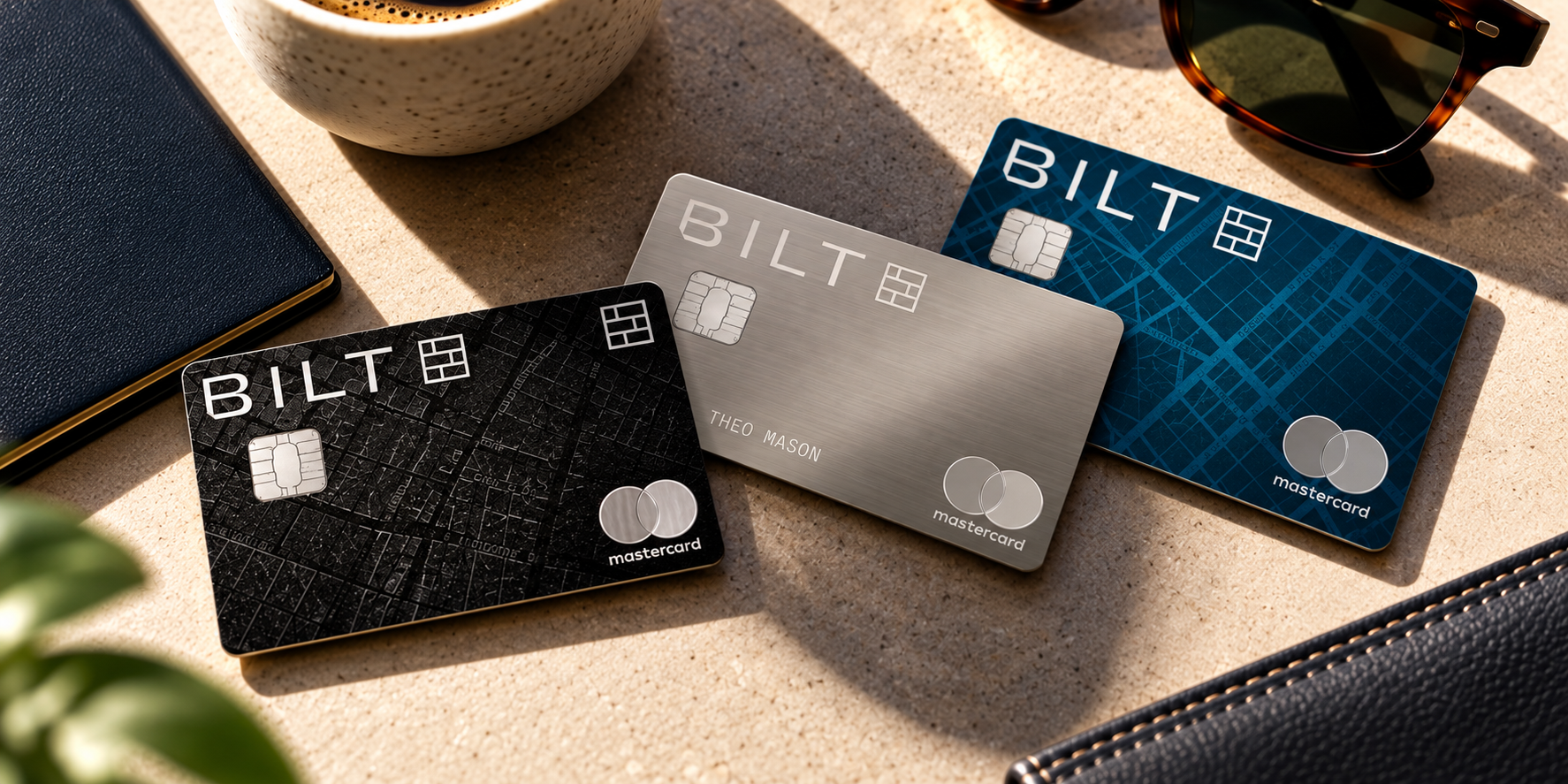 Bilt cards on a table with a coffee cup and a book