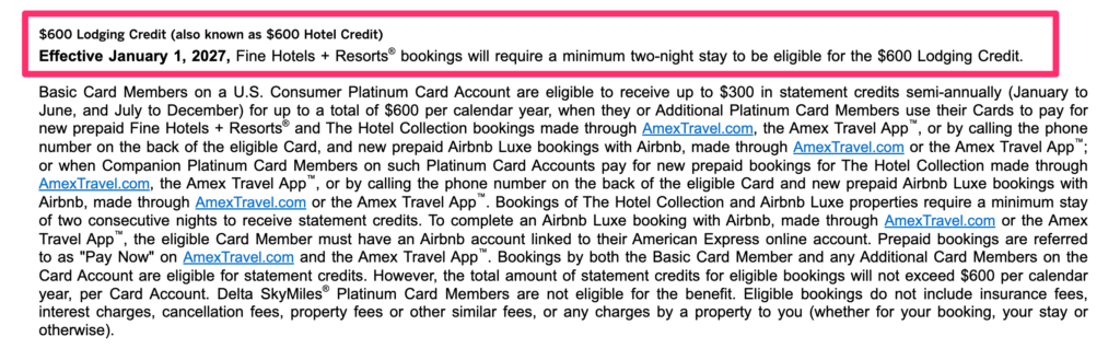 It’s Official: Amex Is Making the Platinum Card's Hotel Credit Harder to Use 1 Amex platinum T&Cs outlining the hotel credit change.