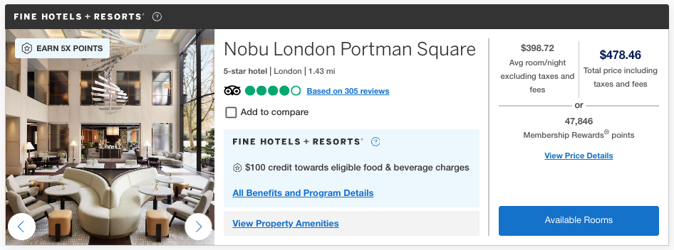 Amex Leak Suggests the Platinum Card's Hotel Credit Will Soon Require a Two-Night Stay 1 Nobu London Portman Square booking through Amex Travel for $478/night