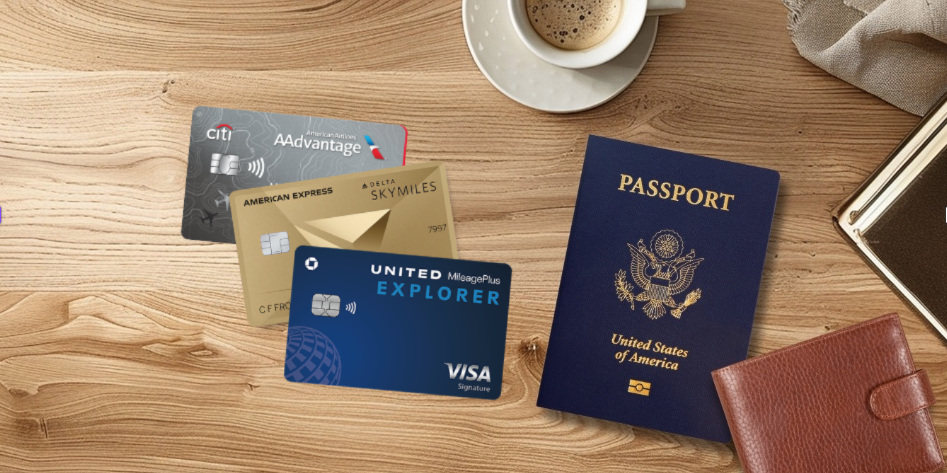 Citi Hikes AAdvantage Platinum Select Card Fee to $150: What’s New, What’s the Same & What’s Missing? 2 Airline credit cards (American, Delta, and United) with a passport, cup of coffee, and wallet, on a wood table.