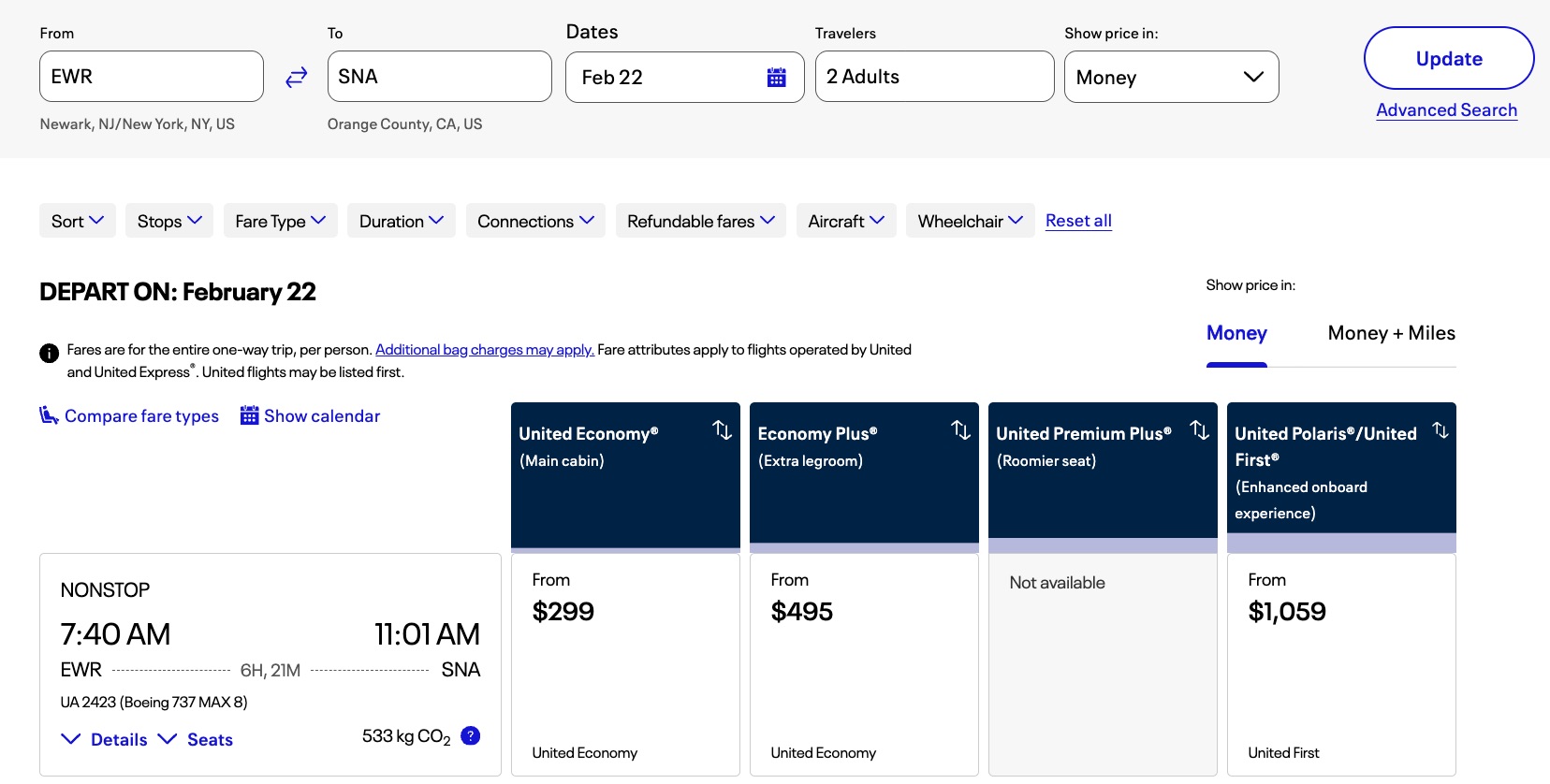 Exclusive: A Year After Uproar, United & Especially AA Continue Charging Solo Flyers Higher Fares 5 united flight from newark to santa ana for two passengers showing prices